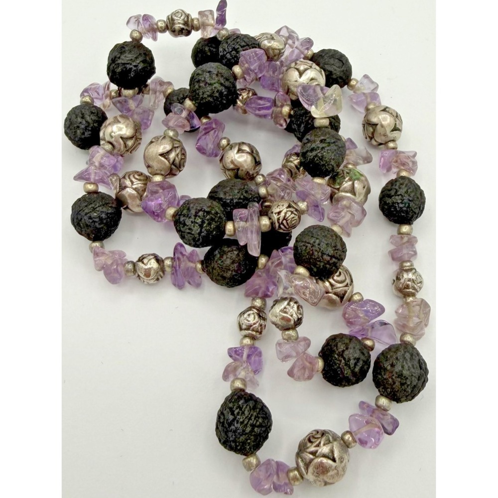 Vtg Boho Lava Rock Amethyst Gemstone Chip Silver Tone Rose Bead Long Necklace